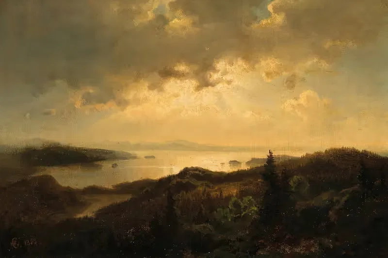 Сцена на закате в Норвегии by Ханс Гуде, 1853 — digital art print download