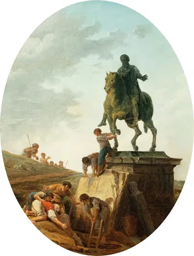 An animated landscape with the statue of Marcus Aurelius by Hubert Robert, 1801 — digital art print download