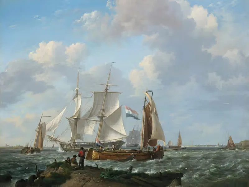 Корабли в буре с фигурами на берегу by Иоганнес Херманус Кеккёк, 1821 — digital art print download