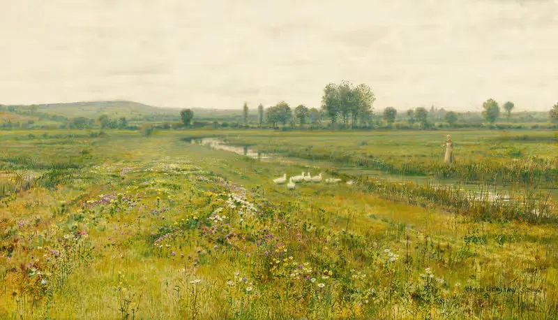An extensive meadow landscape with geese by a stream — John Atkinson Grimshaw