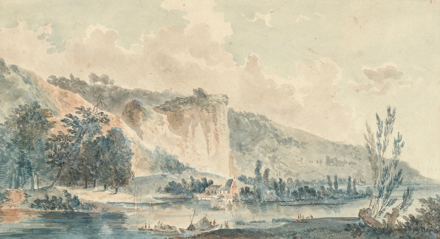 A river landscape with cliffs by Louis Gabriel Moreau, 1767 — digital art print download