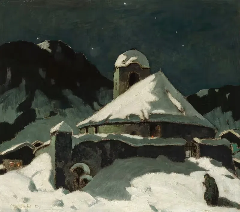 Зимняя ночь в горной деревне by Оскар Мулли, 1925 — digital art print download