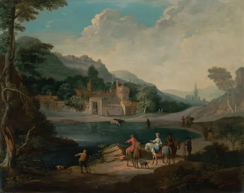 An elegant couple beside a lake — Pieter Bout