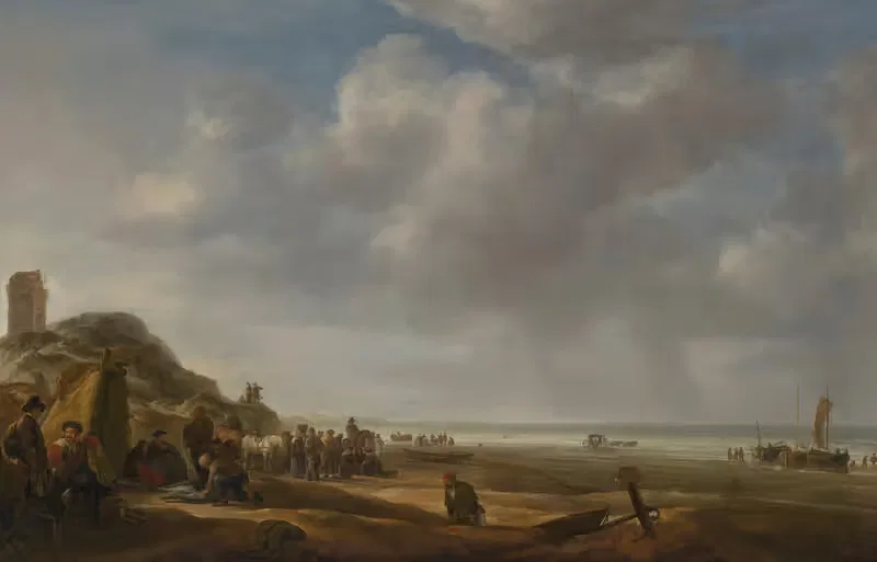 A beach scene with fishermen displaying their catch — Simon de Vlieger