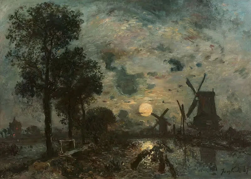 Moulins au clair de lune, Schiedam — Johan Barthold Jongkind