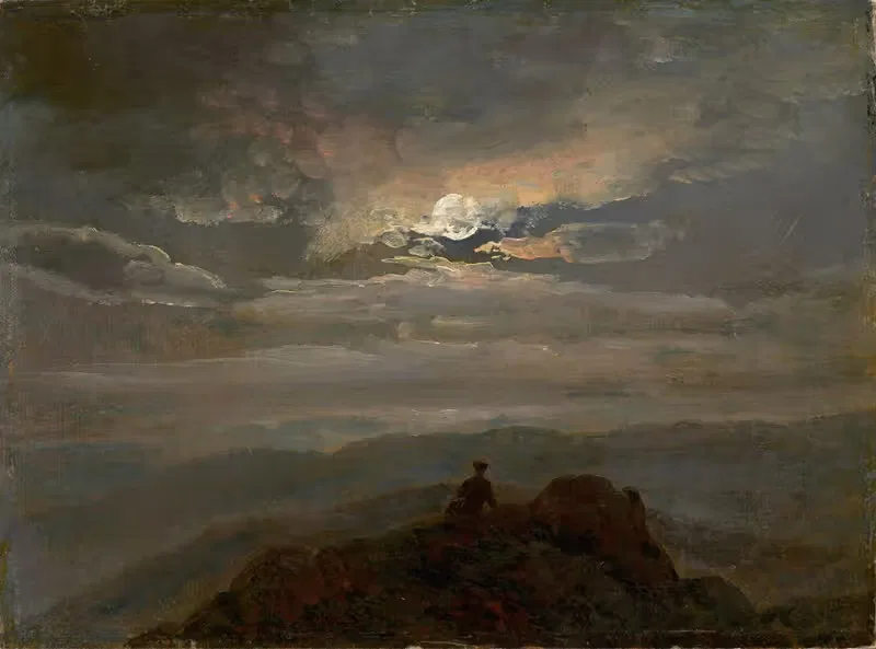 Лунный пейзаж (Странник на вершине горы) by Иоганн Кристиан Даль, 1823 — digital art print download