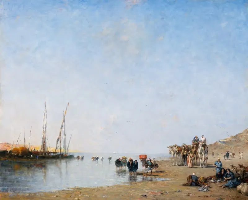An Arab Caravan Resting near the Shore — Narcisse Berchère