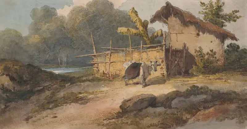 A hut by a river with a cow, Bengal — George Chinnery