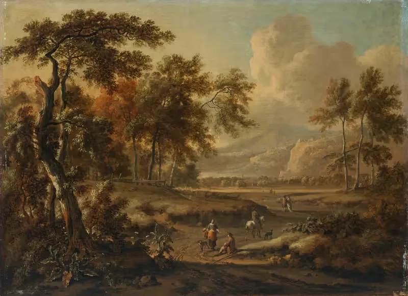 An extensive landscape with figures on a path in the foreground — Jan Wijnants