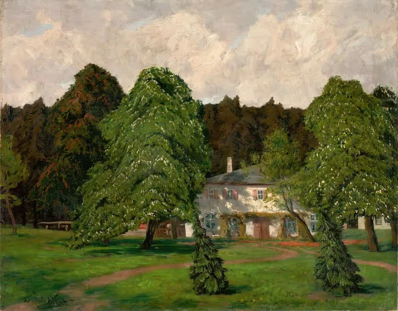 Haus hinter blühenden Kastanienbäumen — Walter Leistikow