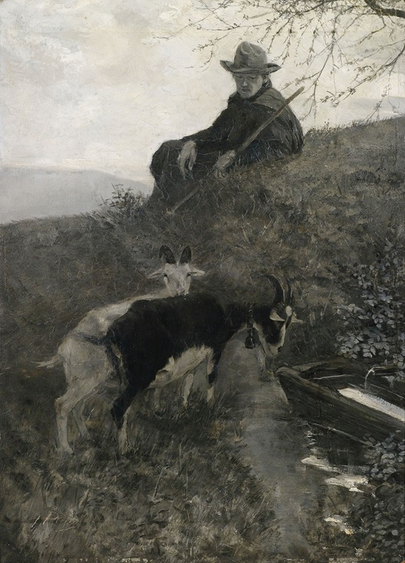 Ziegenhirte mit Tieren an einer Tränke by Херманн Плеер — digital art print download