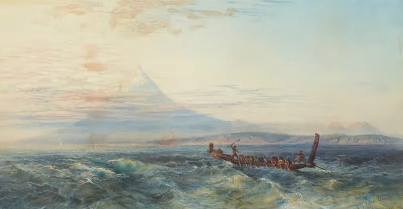 Маорийская военная каноэ приближается к Таранаки by Николай Шевалье, 1879 — digital art print download