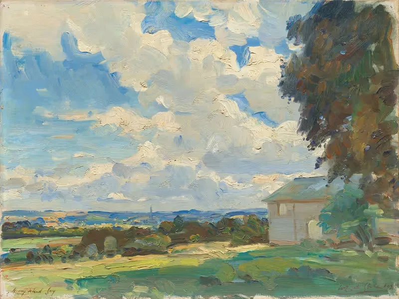 Salisbury cathedral from a field above Wilton — Wilfrid Gabriel de Glehn
