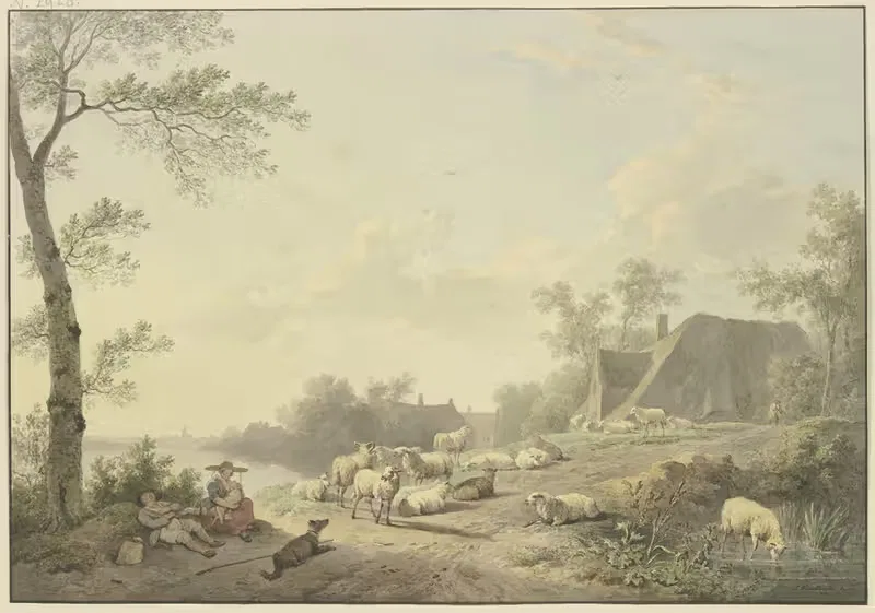 An einem Weg bei Bauernhäusern eine Schafherde — Abraham Teerlink