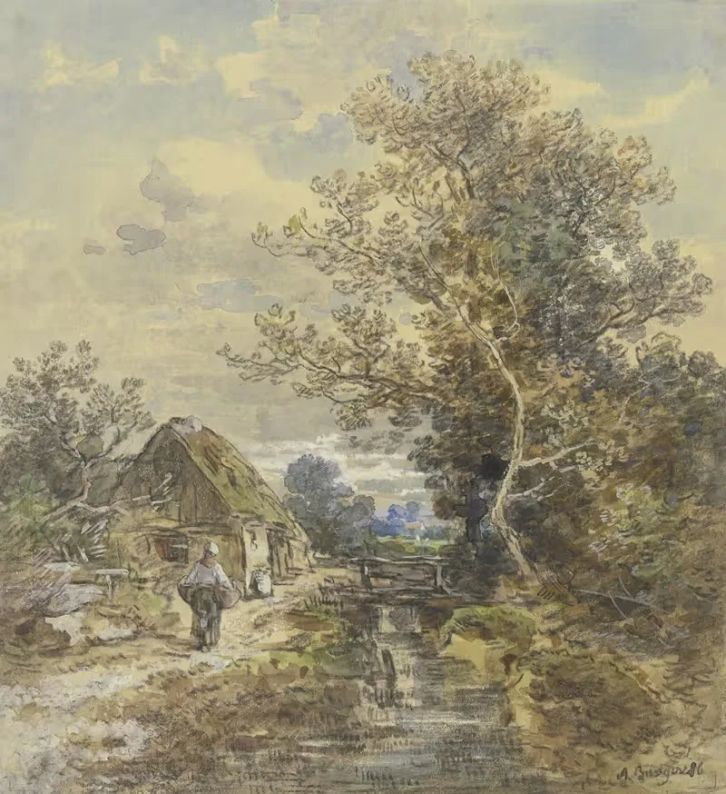 Baum und Bauernhaus am Bach mit einer Frau — Anton Burger