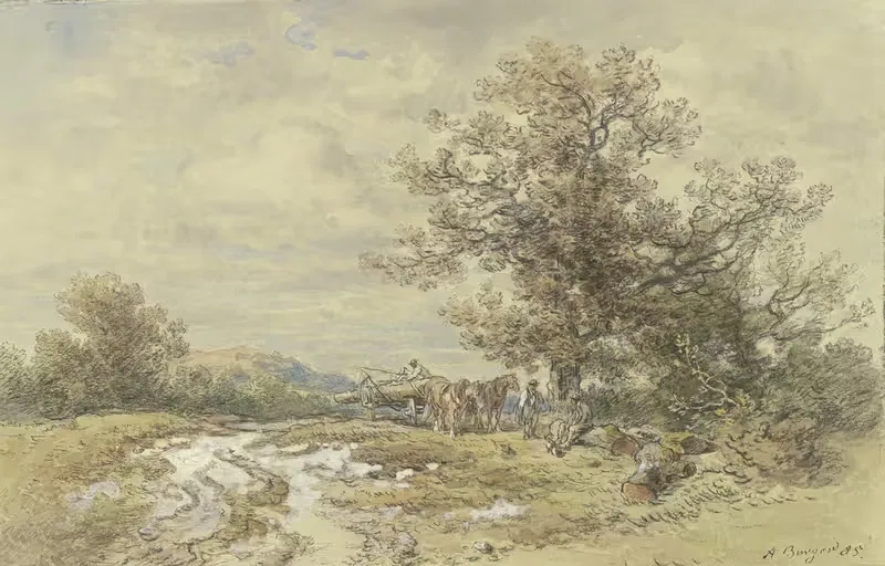 Landschaft mit hohem Baum und Holzfuhrwerk — Anton Burger