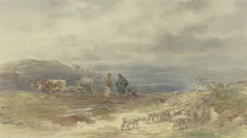 Landschaft mit Schafherde und Ochsenfuhrwerk — Anton Burger