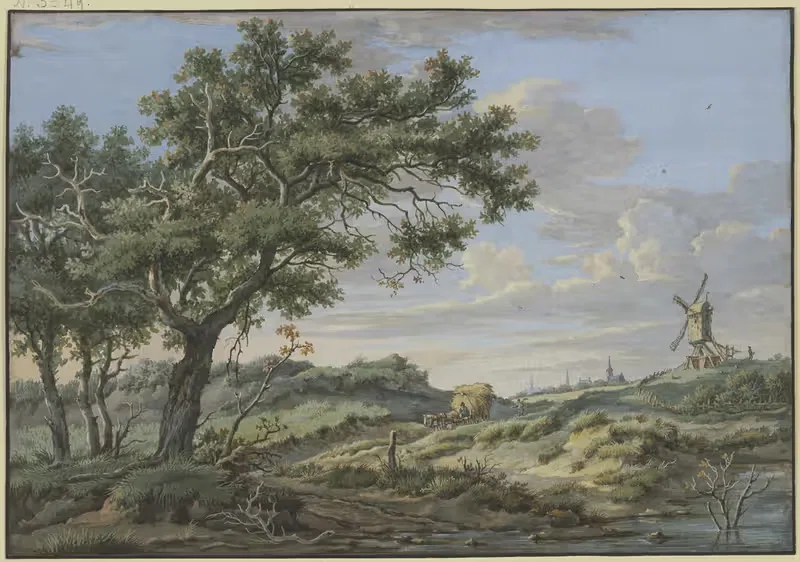 Rechts eine Windmühle, auf dem Weg ein Wagen mit Stroh — Carel Lodewijk Hansen