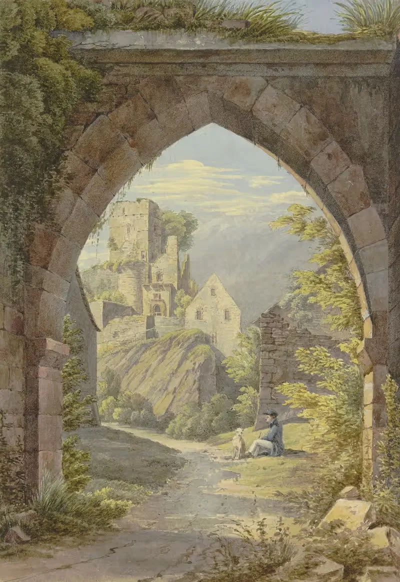 Gotischer Bogen mit Durchblick auf eine Burg by Georg Von Krieg — digital art print download