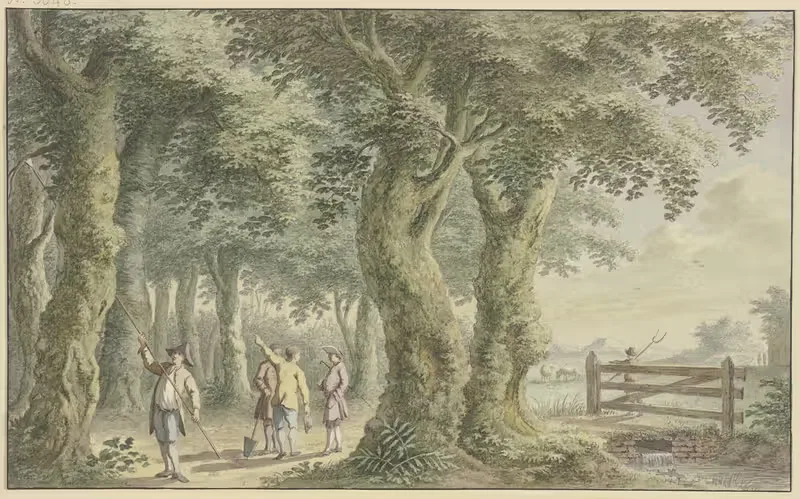 Landschaft mit Bäumen, Weidegatter und Figuren — Gerard van Rossum