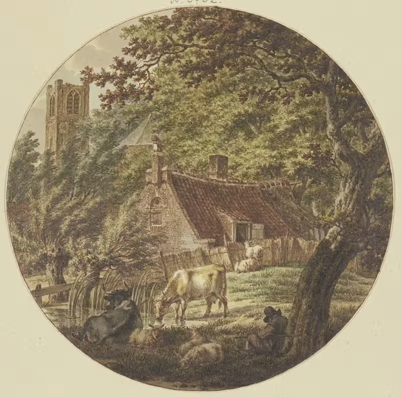 Hütte im Walde mit einigem Vieh, links ein Kirchturm — Jacob Cats