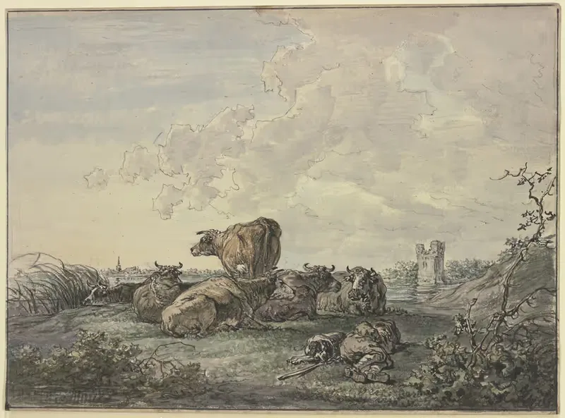 Schlafender Hirte und Rinderherde in einer Landschaft — Jacob van Strij