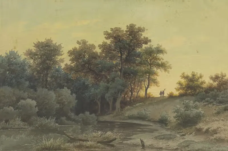 Waldrand mit Fluß im Abendlicht by Jakob Maurer — digital art print download