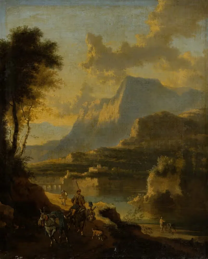 Mountainous Landscape with Rider at Sunset — Jan Hackaert