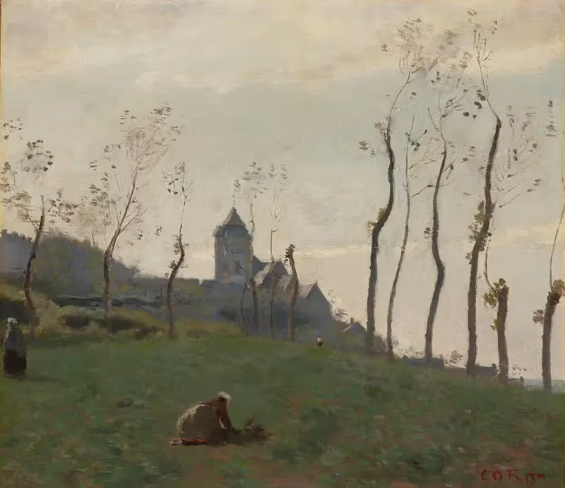 Le Tréport – Un pré et l'église — Jean-Baptiste-Camille Corot