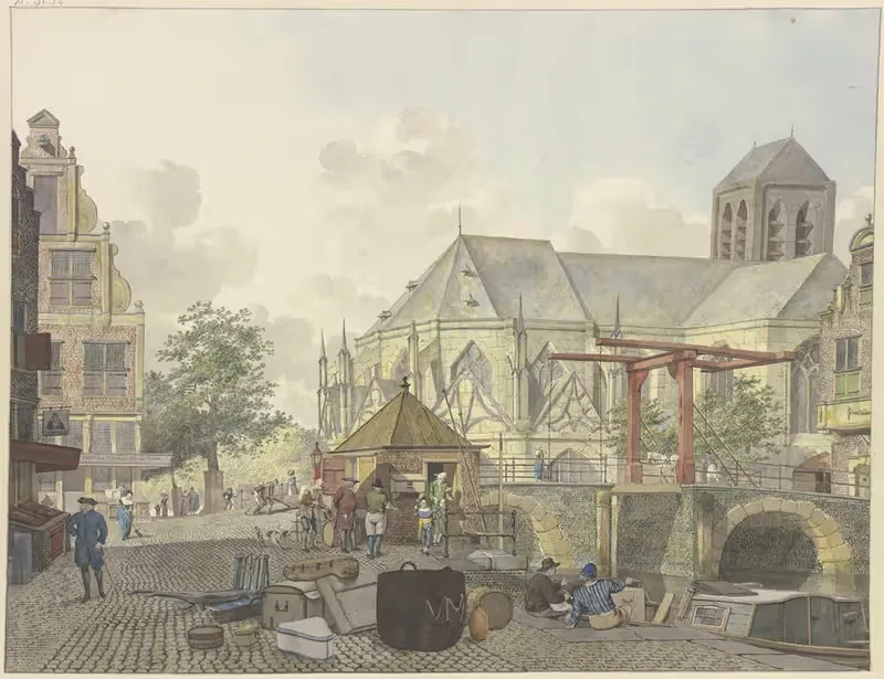 Schleusentor bei einer Kirche, dabei ein Zollhaus — Johannes Huibert Prins