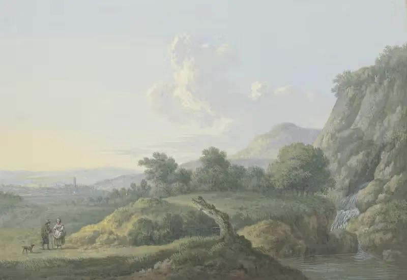 Vorgebirgslandschaft, links ein Ausblick auf ein Städtchen — Karl Franz Kraul