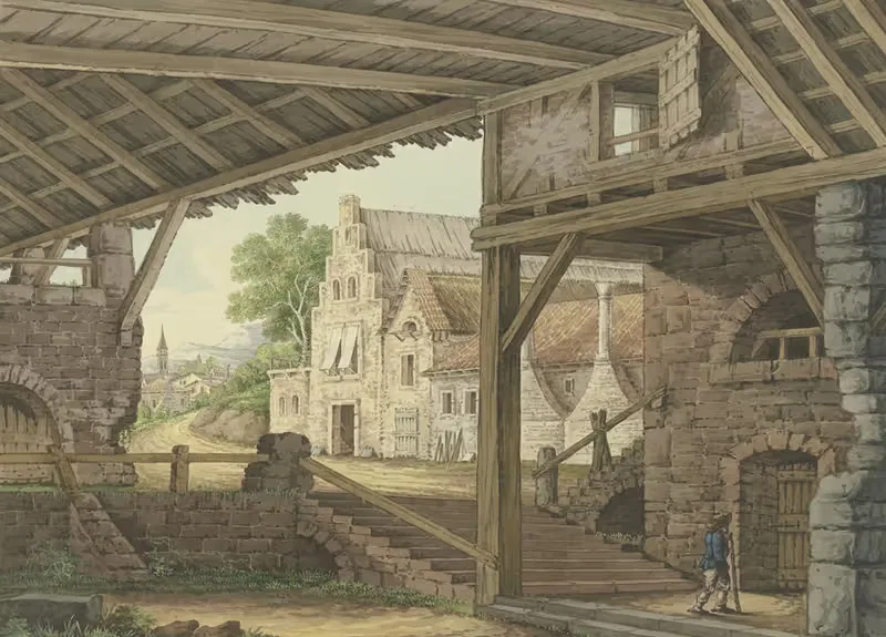 Ein großer Schuppen gewährt einen Ausblick auf ein Dorf — Philipp Jakob Bauer