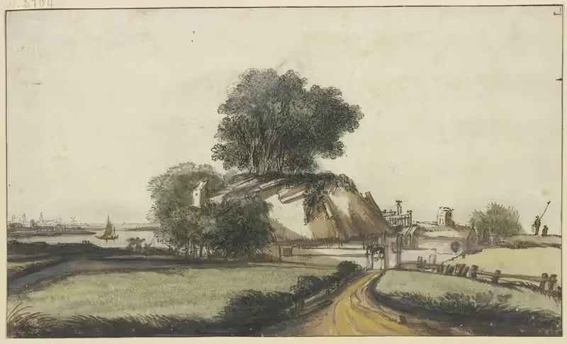 Bauernhaus unter Bäumen an einem Fluß — Philips Koninck