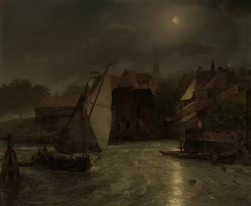 Boats on a canal, moonlight by Андреас Ахенбах, 1890 — digital art print download