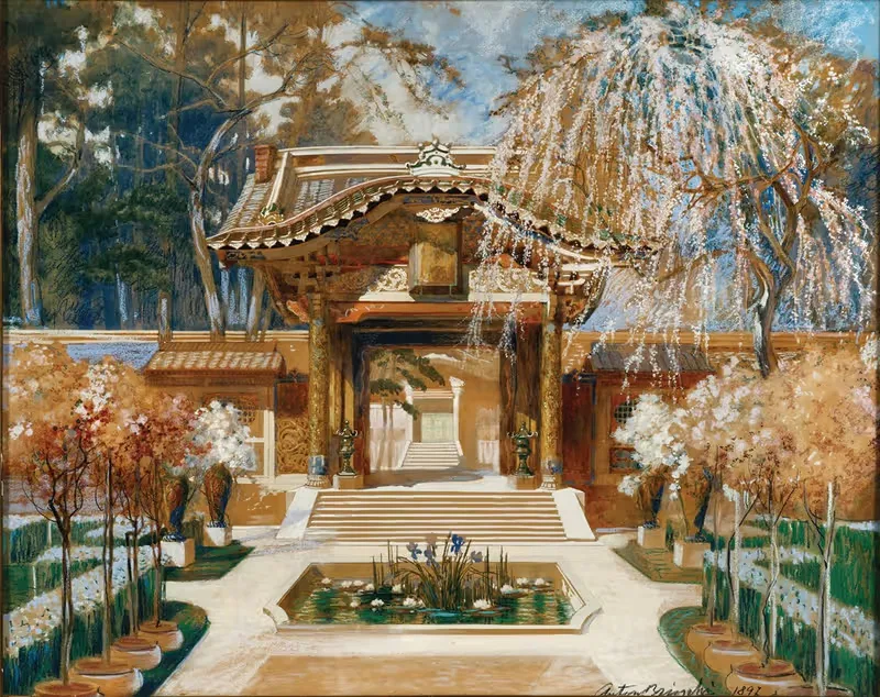 Japanese temple and a blooming tree, stage design — Anton Brioschi