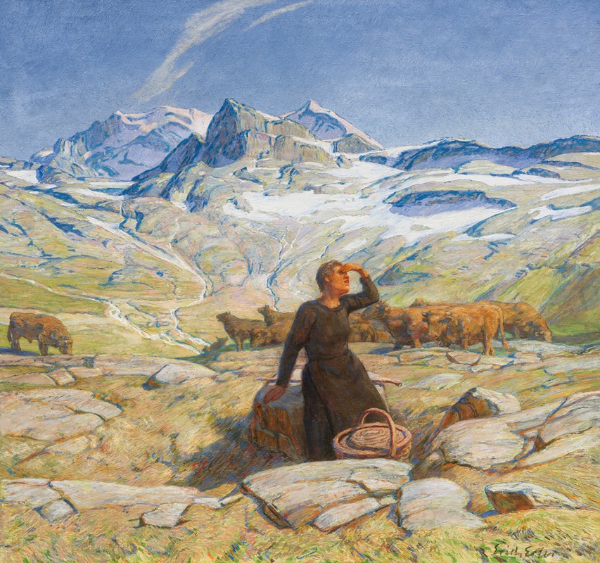 Пейзаж с молодой крестьянкой by Эрих Эрлер, 1900 — digital art print download