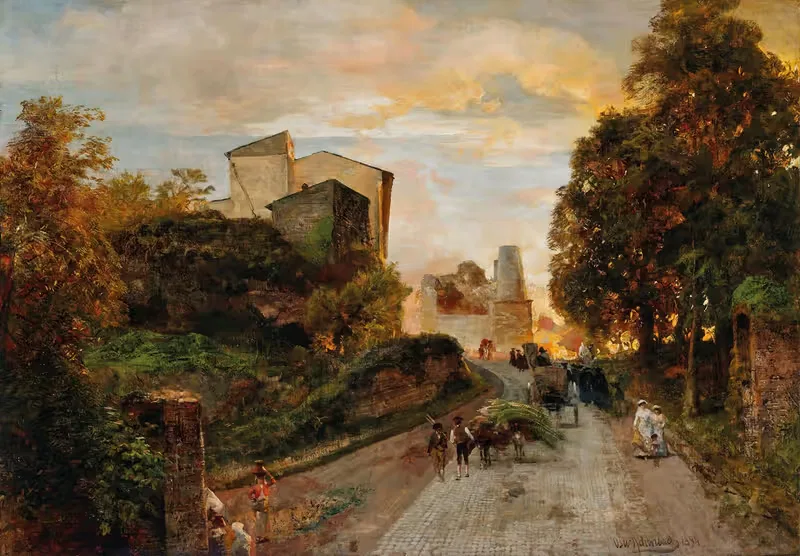 Village street at sunset — Oswald Achenbach