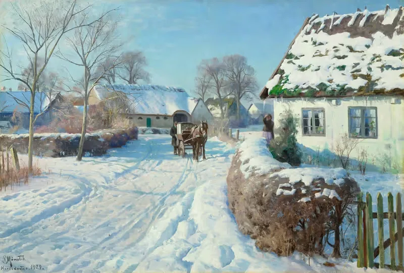 A village in the snow — Peder Mørk Mønsted