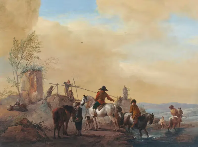 Riders and horses resting by a river — Philips Wouwerman