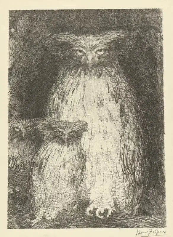 Сова с двумя совятами, сидящими на ветке by Генри де Гру, 1895 — digital art print download