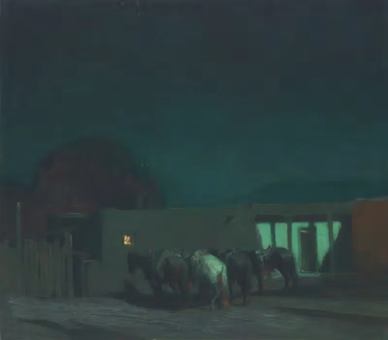 Лошади у adobe-строения, при лунном свете by Оскар Эдмунд Бернингхаус, 1914 — digital art print download