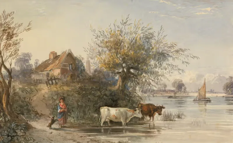 A Woman Tending Cattle by a River — R. P. Noble