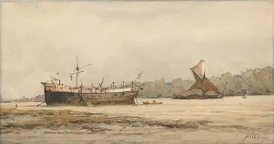 Привязанная барка и баржа на реке by Ричард Генри Ниббс, 1884 — digital art print download