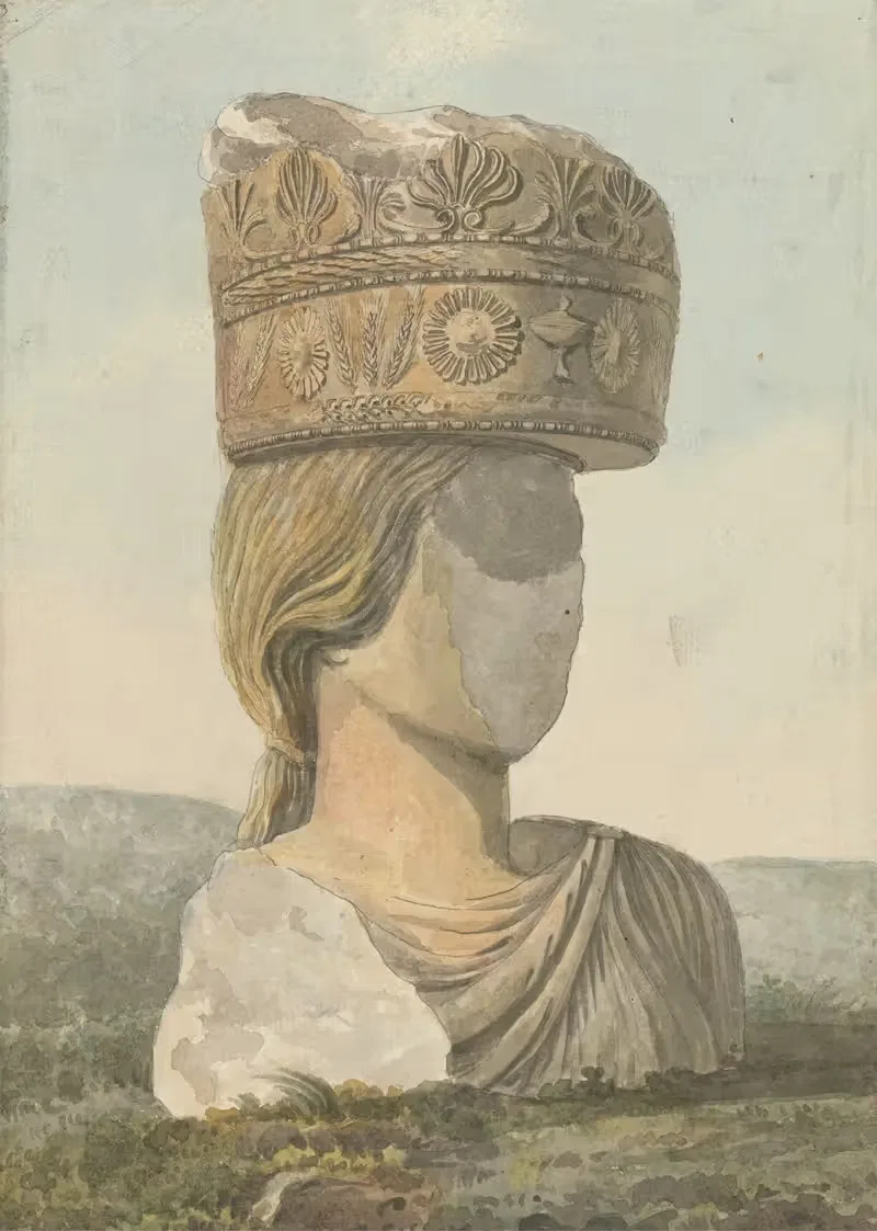 Faceless Bust of Statue Supporting a Broken Capital on Her Head — Willey Reveley