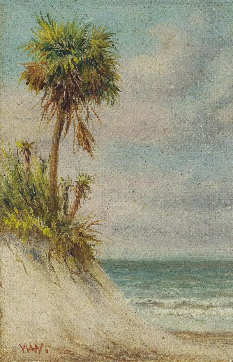 Florida Seascape with Sand Dune and Palm Tree — William Aiken Walker
