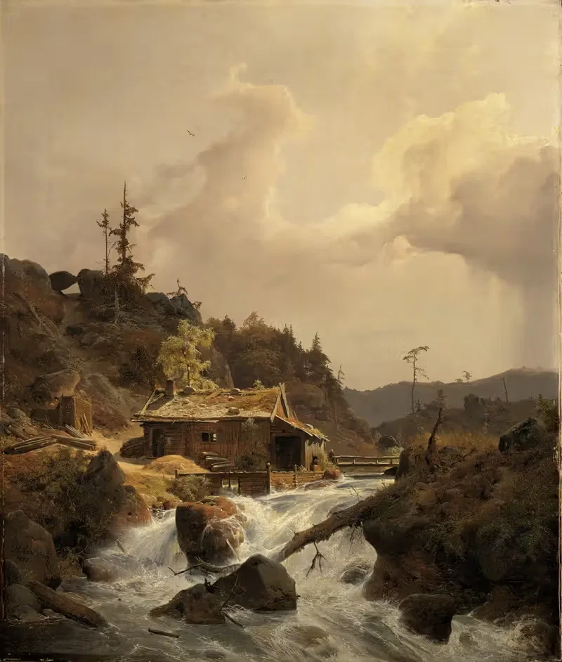 Norwegische Landschaft mit Sägemühle — Andreas Achenbach