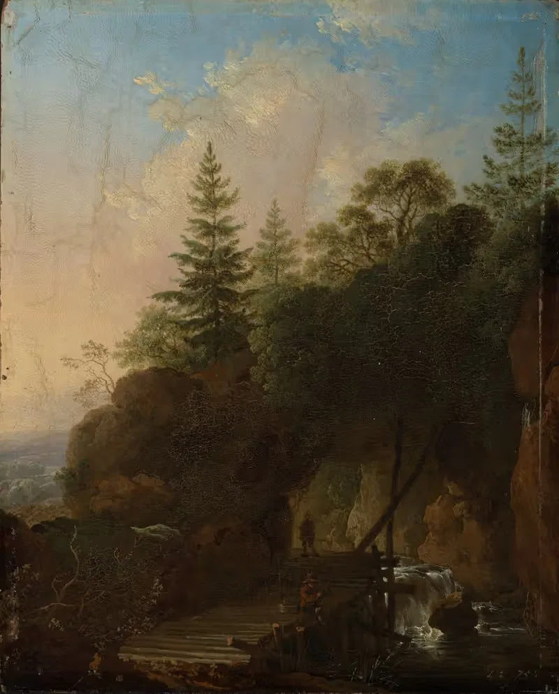 Gebirgslandschaft mit Wasserfall und hölzerner Brücke — Christian Wilhelm Ernst Dietrich