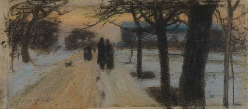Spaziergänger auf schneebedeckter Strasse am Abend — Gustav Kampmann