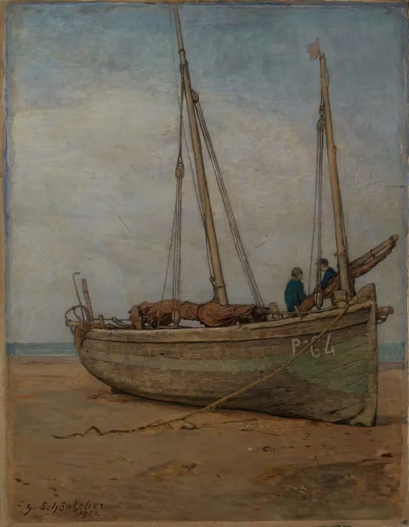 Fischerboote in Tiefebbe bei La Panne — Gustav Schönleber