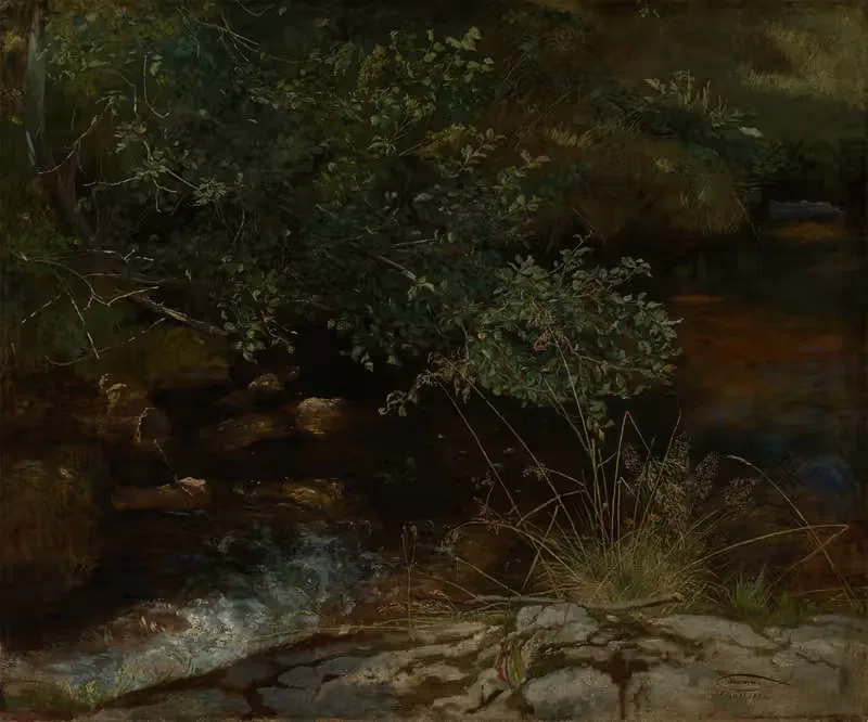 Берег реки с кустарником и травами by Ханс Тома, 1863 — digital art print download